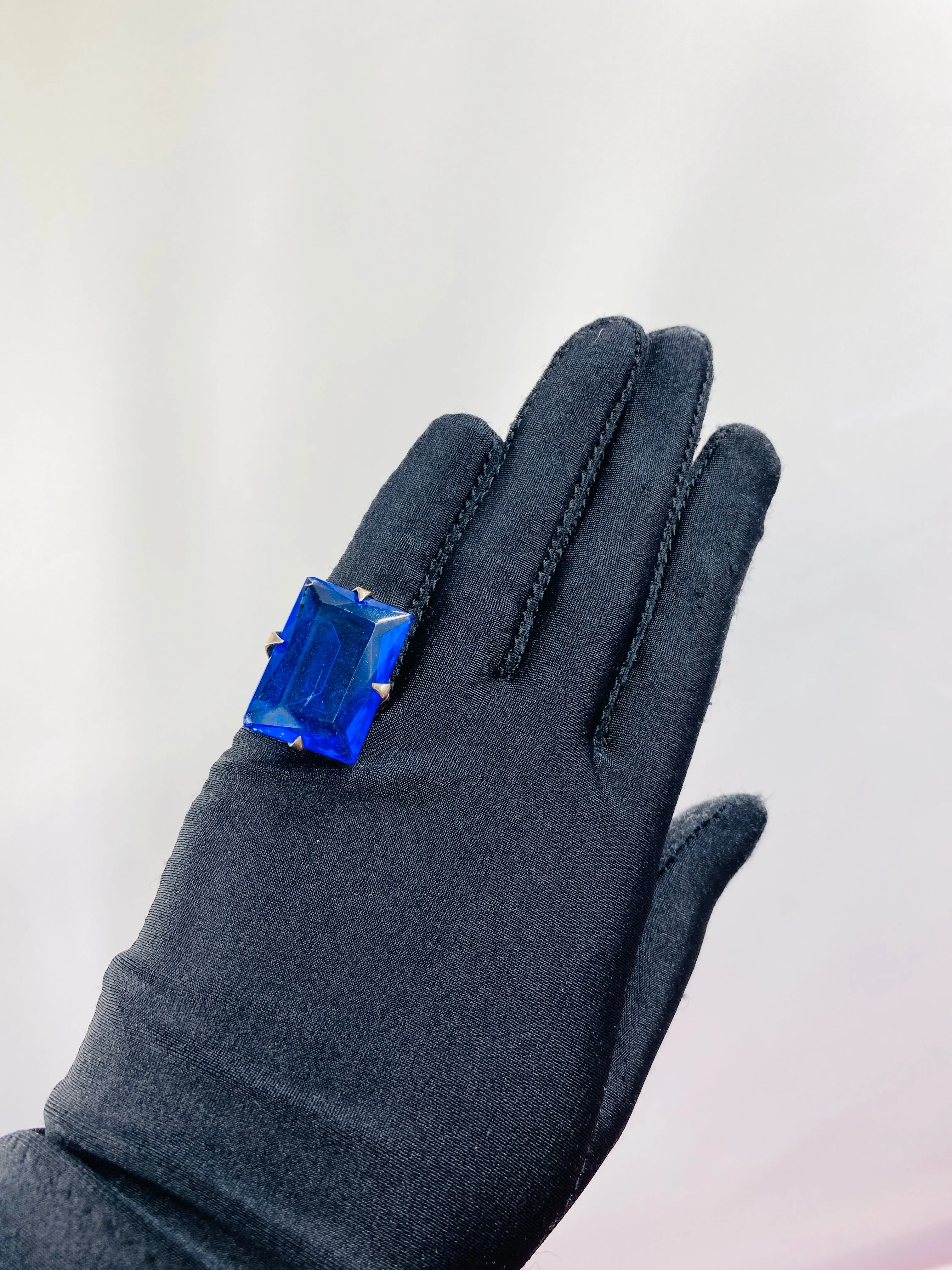 Vintage Art Deco Large Emerald Cut Blue Glass Stone Ring, Size 4.5