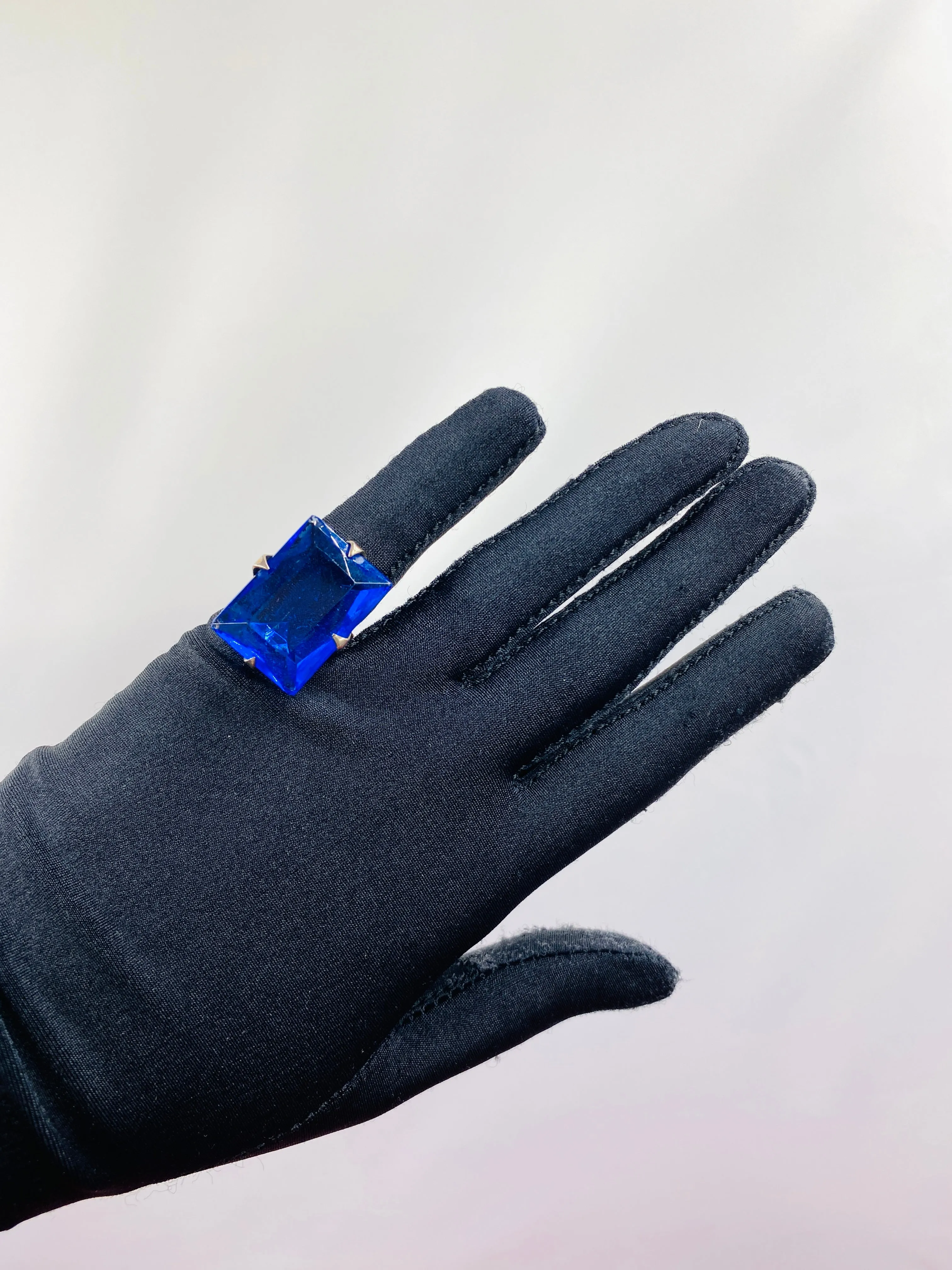 Vintage Art Deco Large Emerald Cut Blue Glass Stone Ring, Size 4.5