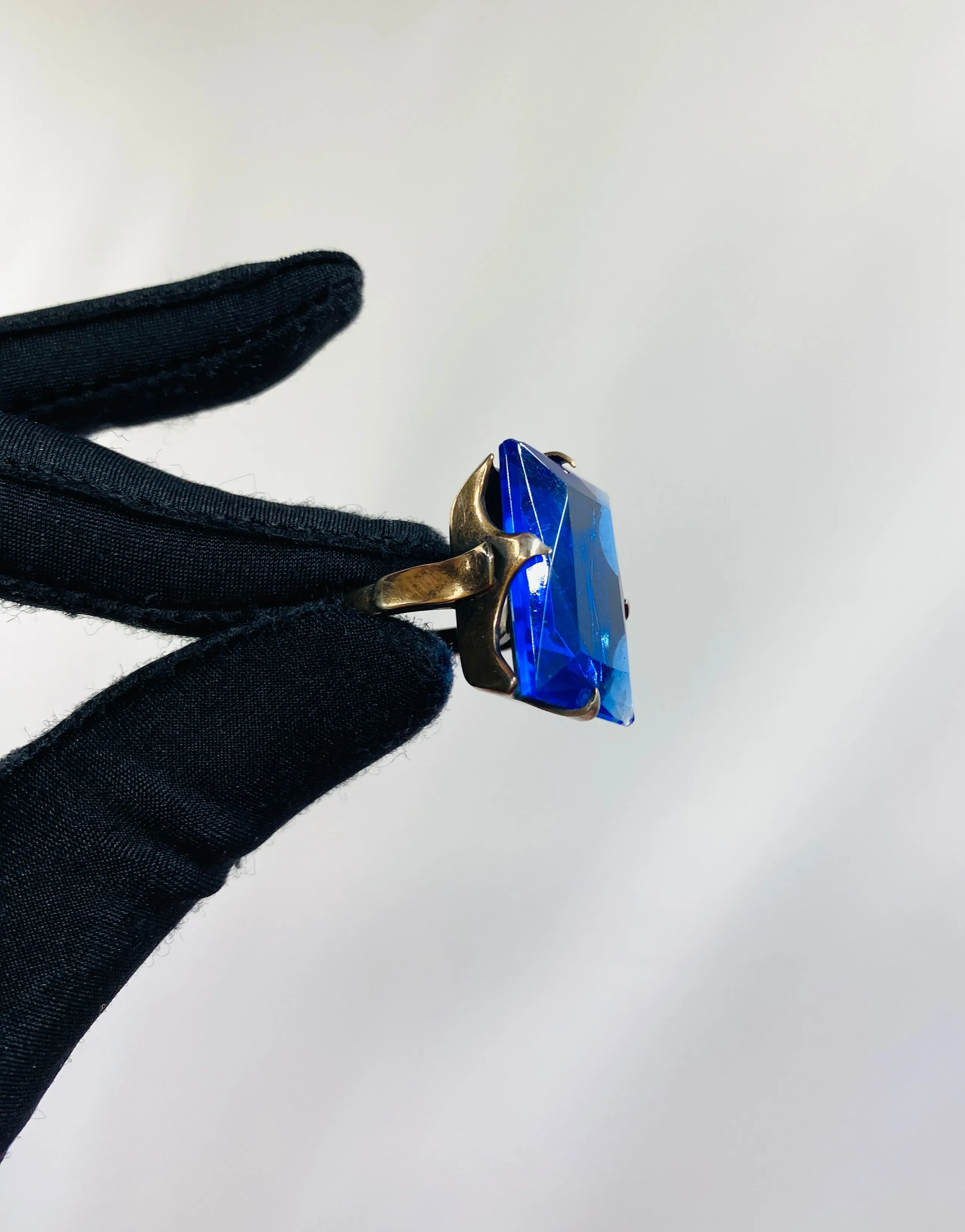 Vintage Art Deco Large Emerald Cut Blue Glass Stone Ring, Size 4.5