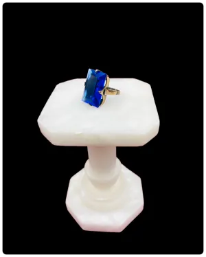 Vintage Art Deco Large Emerald Cut Blue Glass Stone Ring, Size 4.5