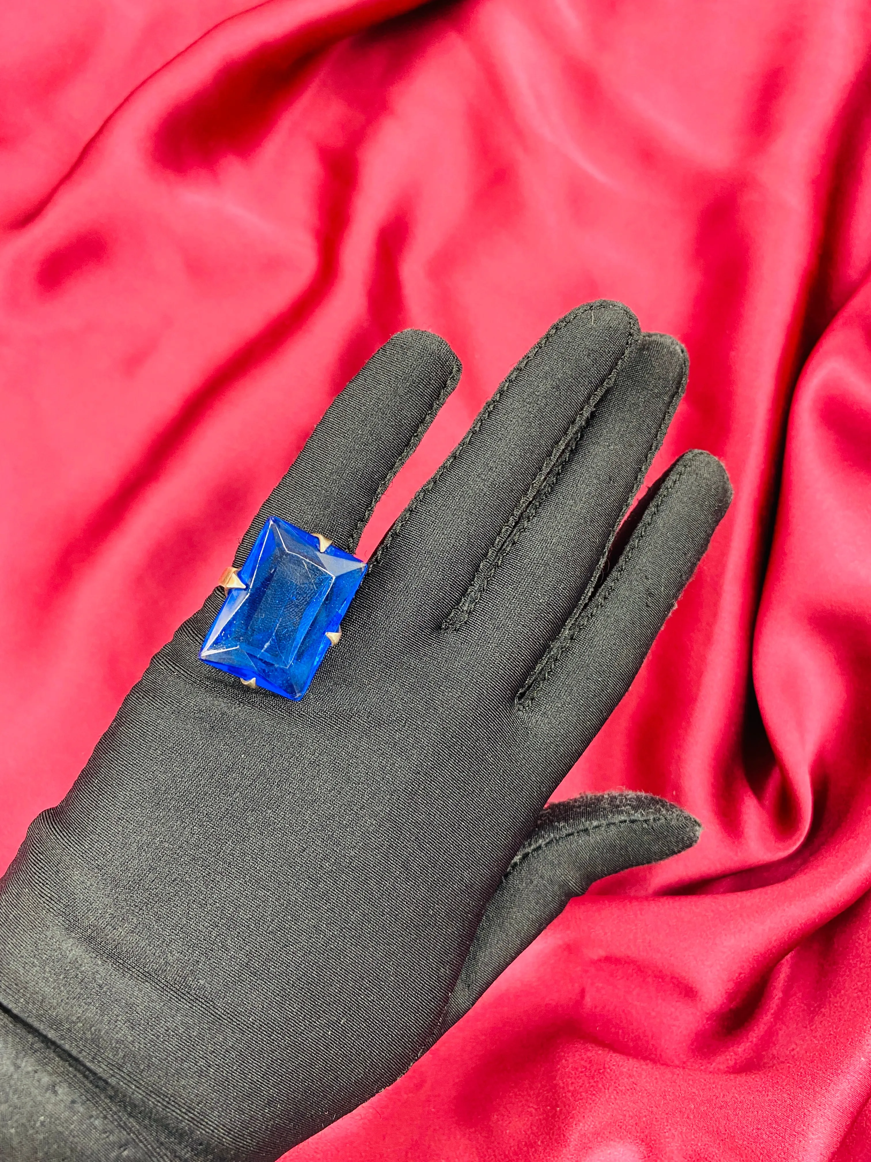 Vintage Art Deco Large Emerald Cut Blue Glass Stone Ring, Size 4.5