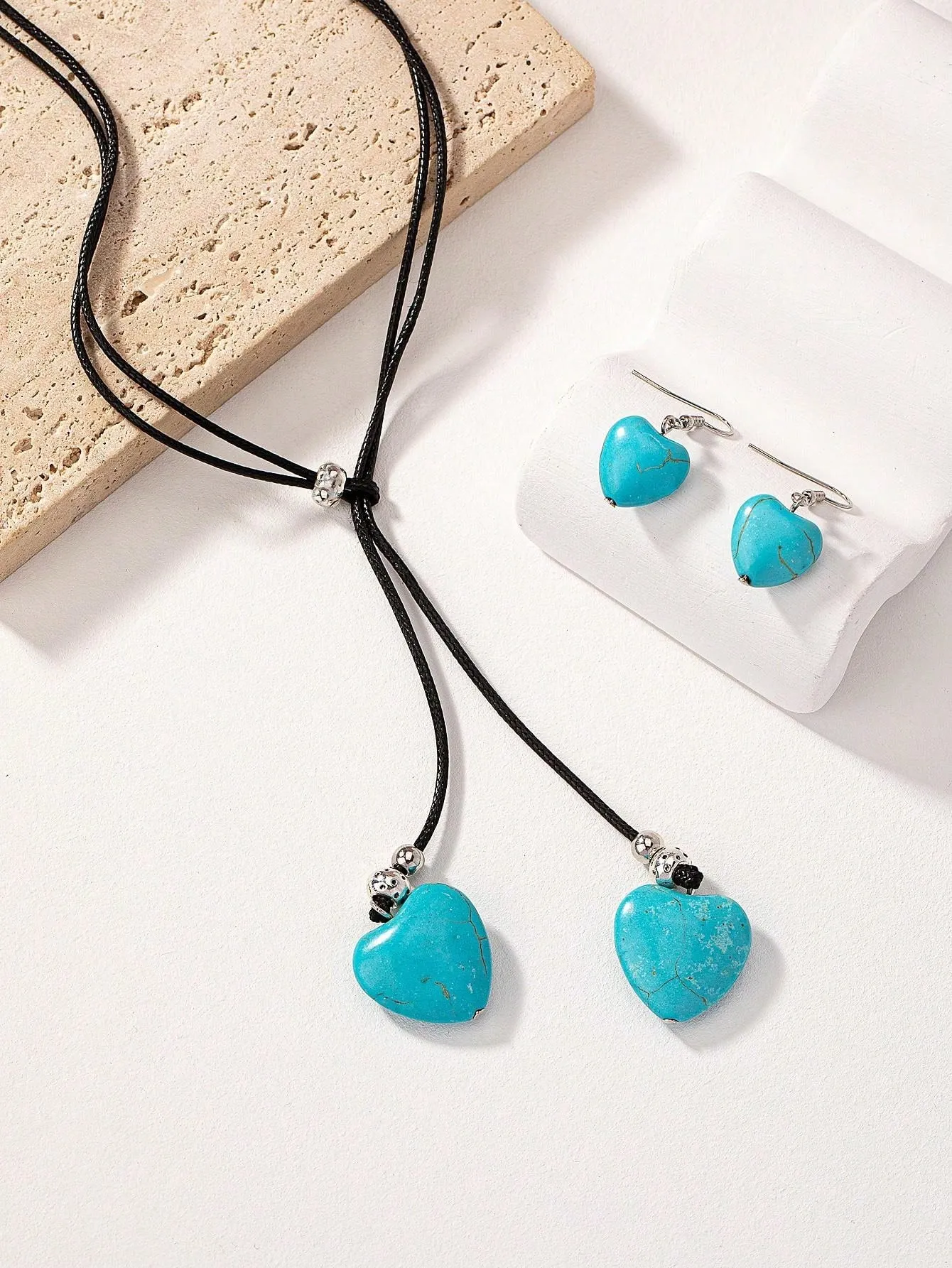Vintage Bohemian Style Long Heart & Turquoise Design Necklace And Earring Set