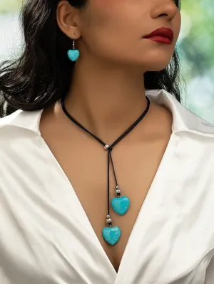 Vintage Bohemian Style Long Heart & Turquoise Design Necklace And Earring Set