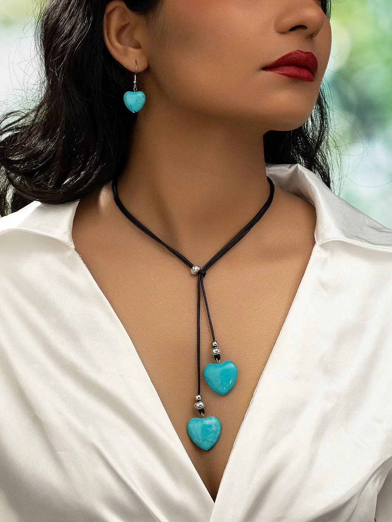 Vintage Bohemian Style Long Heart & Turquoise Design Necklace And Earring Set