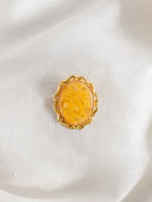 Vintage Intricate Border Yellow Stone Golden Brooch