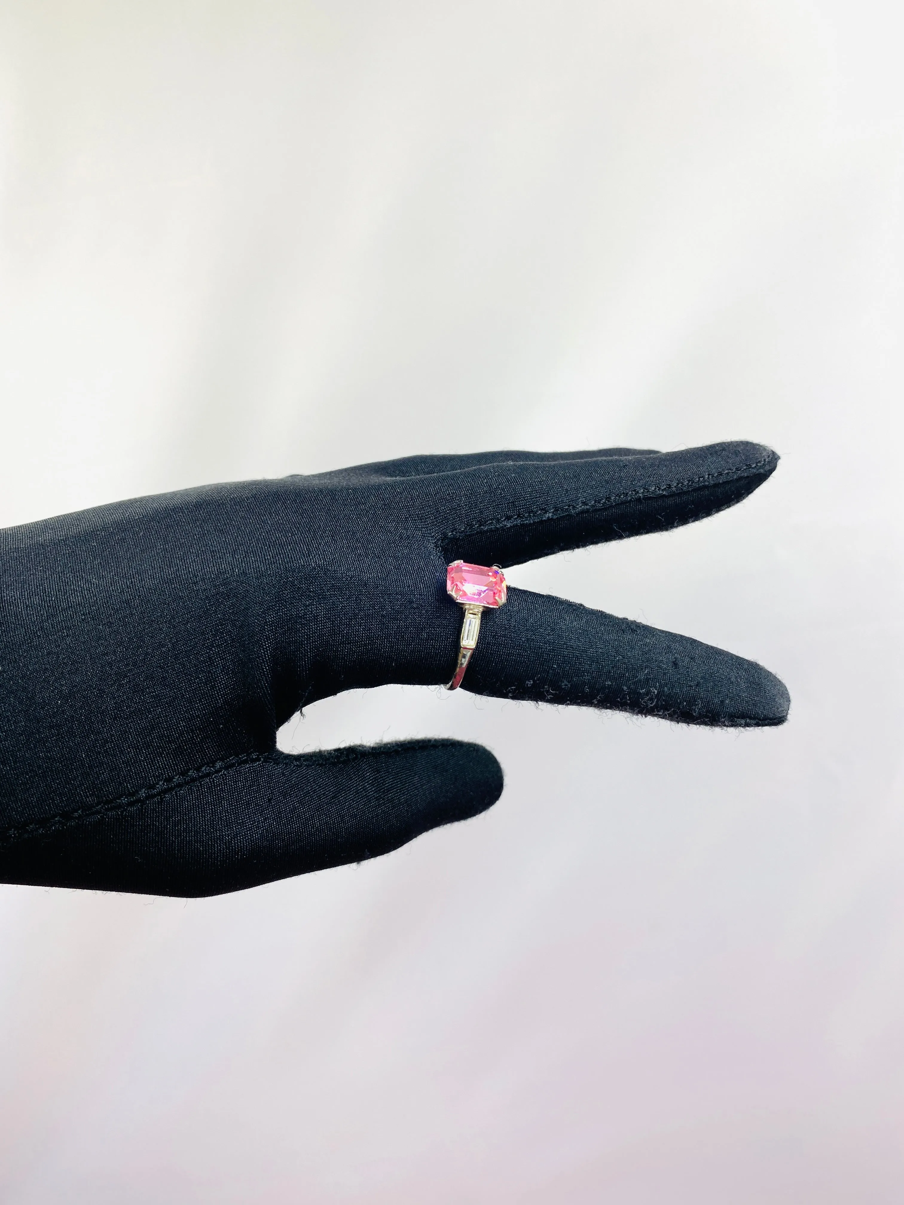 Vintage Sterling Emerald Cut Pink Stone Ring, Size 8