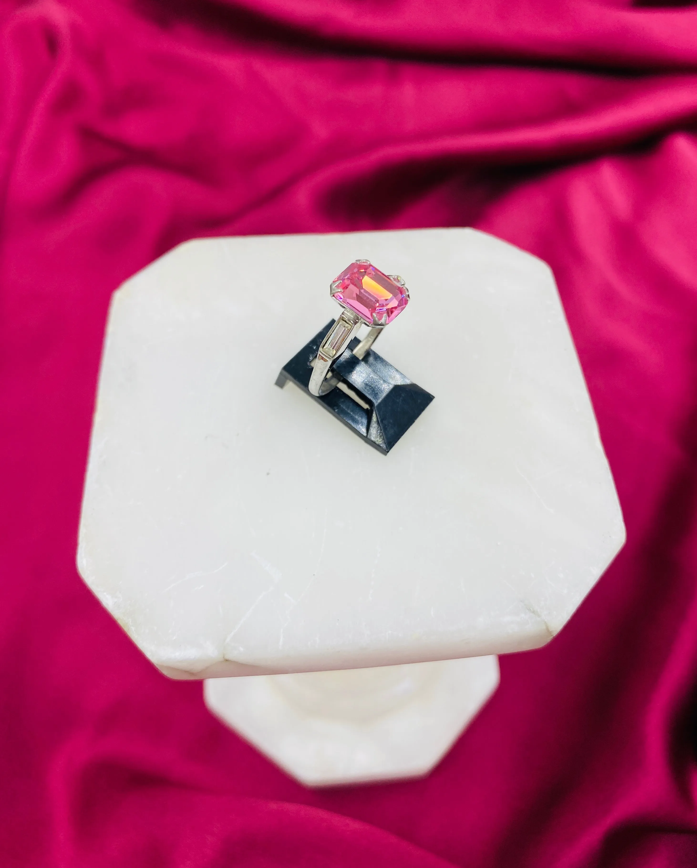 Vintage Sterling Emerald Cut Pink Stone Ring, Size 8