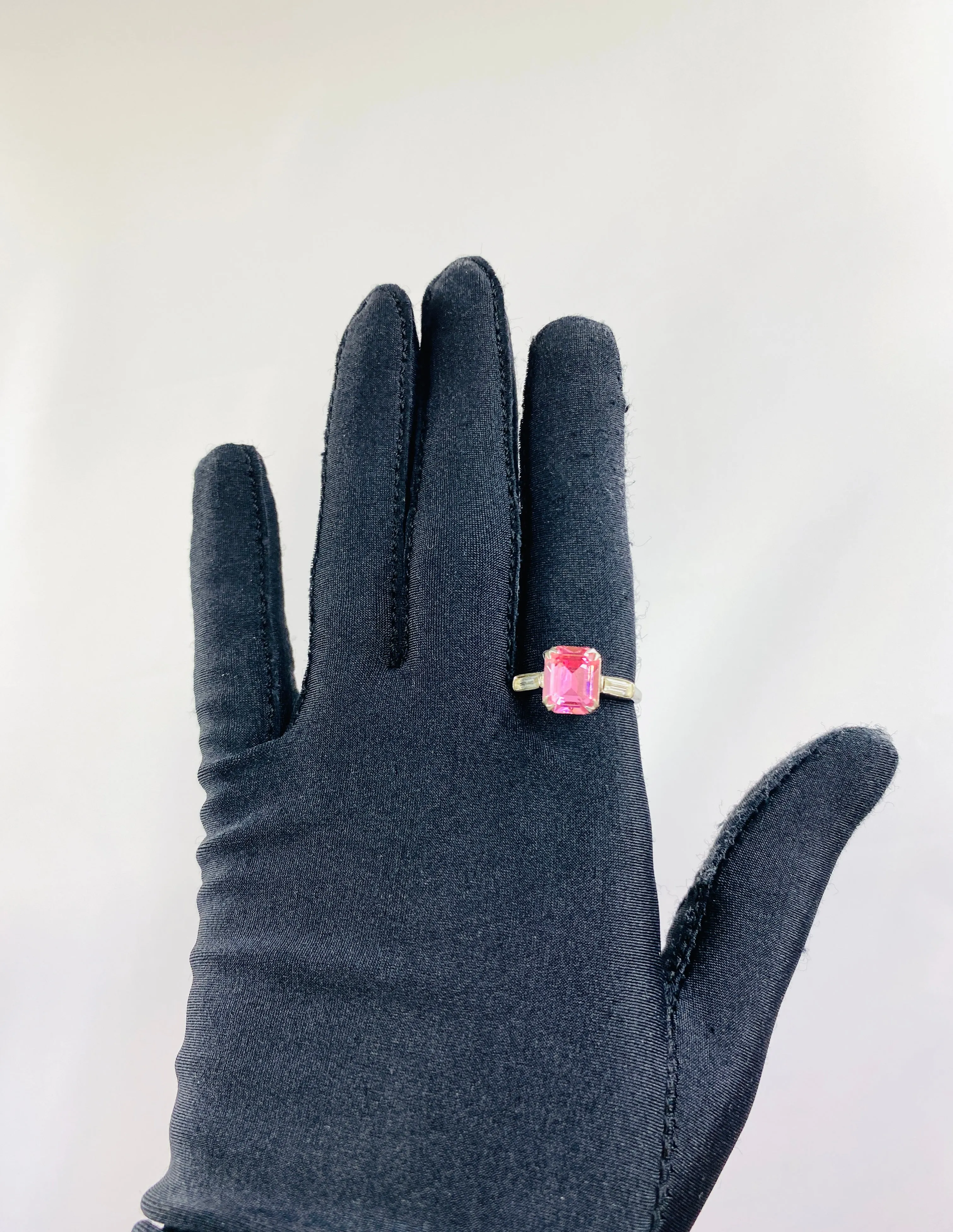 Vintage Sterling Emerald Cut Pink Stone Ring, Size 8