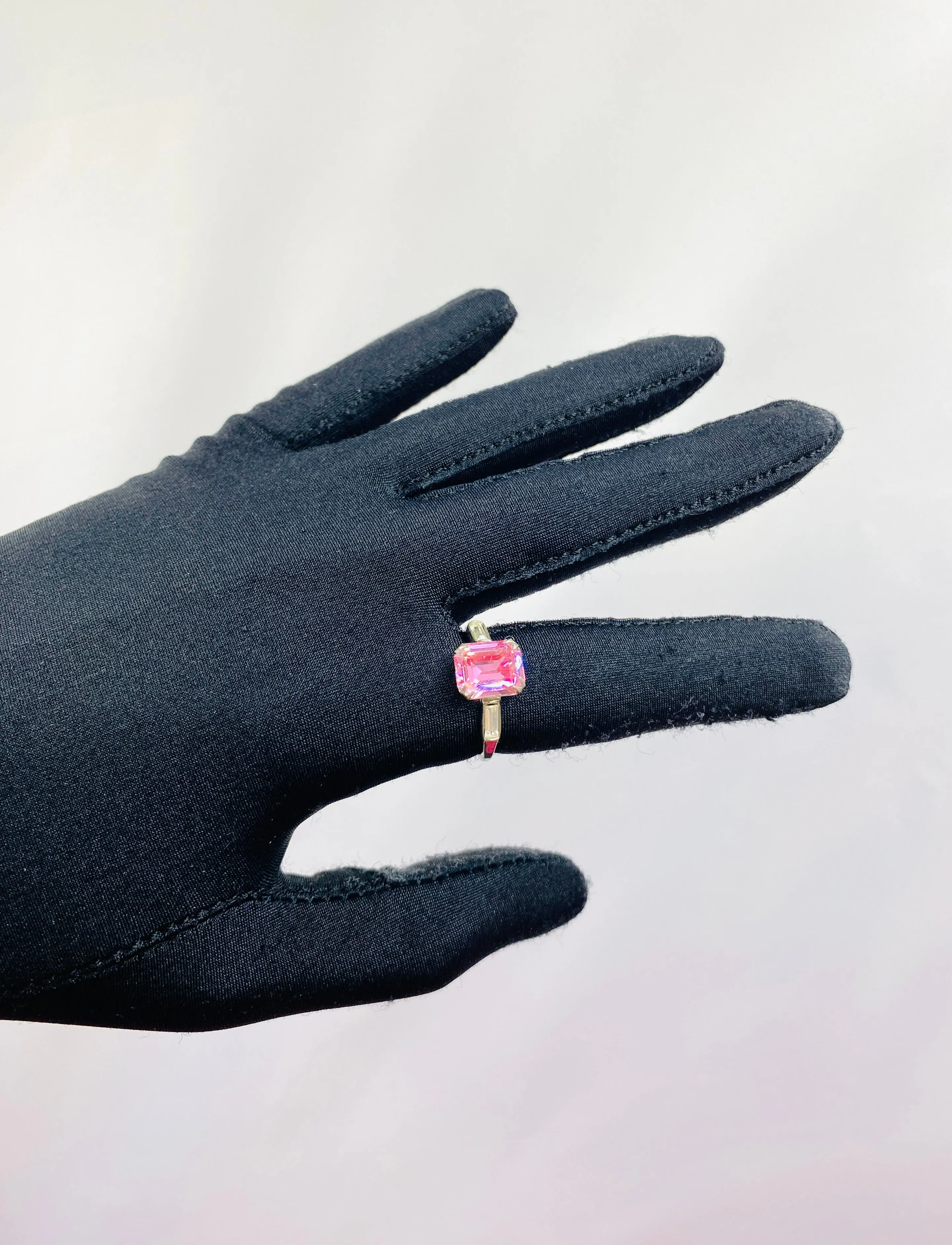 Vintage Sterling Emerald Cut Pink Stone Ring, Size 8